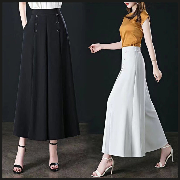 Wide-leg pants for women, summer thin, loose white culottes, high-waist slim women's nine-point pants, drapey casual mom pants