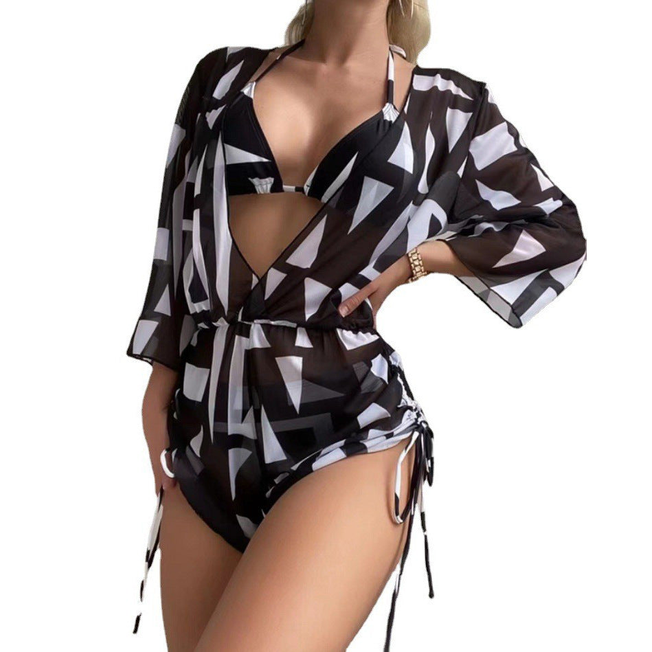 2023 European and American swimsuits for women, sexy three-piece set with temperament collar, printed waist, strappy skirt, foreign trade cross-border swimsuit