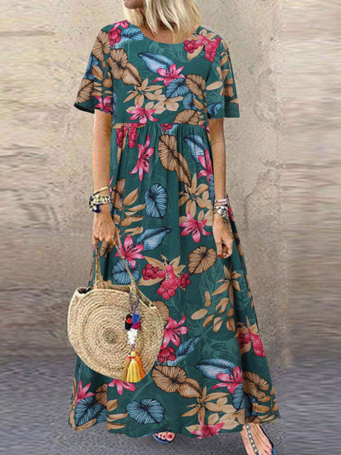 2022 European and American cross-border new long skirt Amazon round neck casual women's retro floral print loose short-sleeved