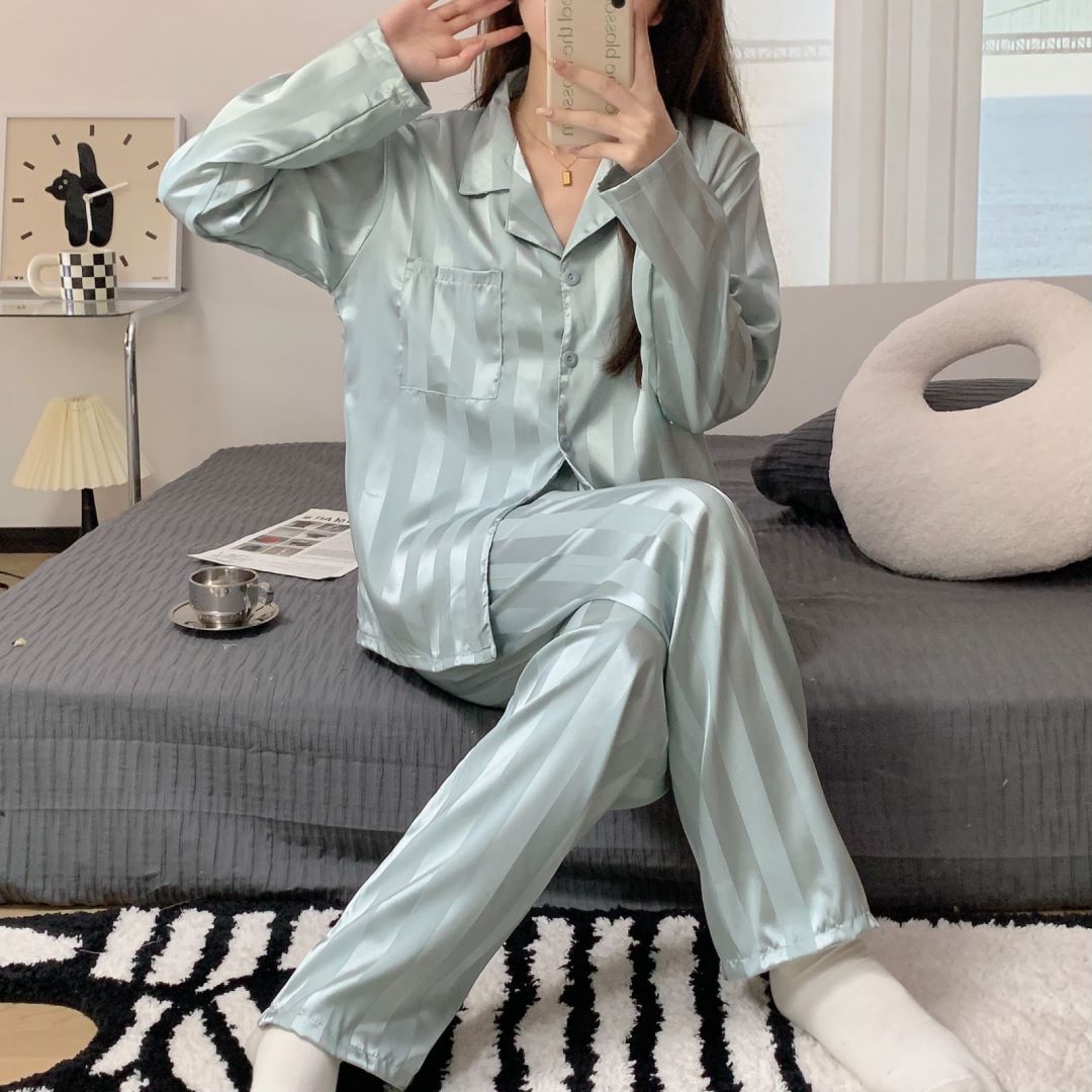 Women's spring and autumn pajamas imitation silk long-sleeved net red Korean style home service autumn ladies vertical stripes can be worn outside