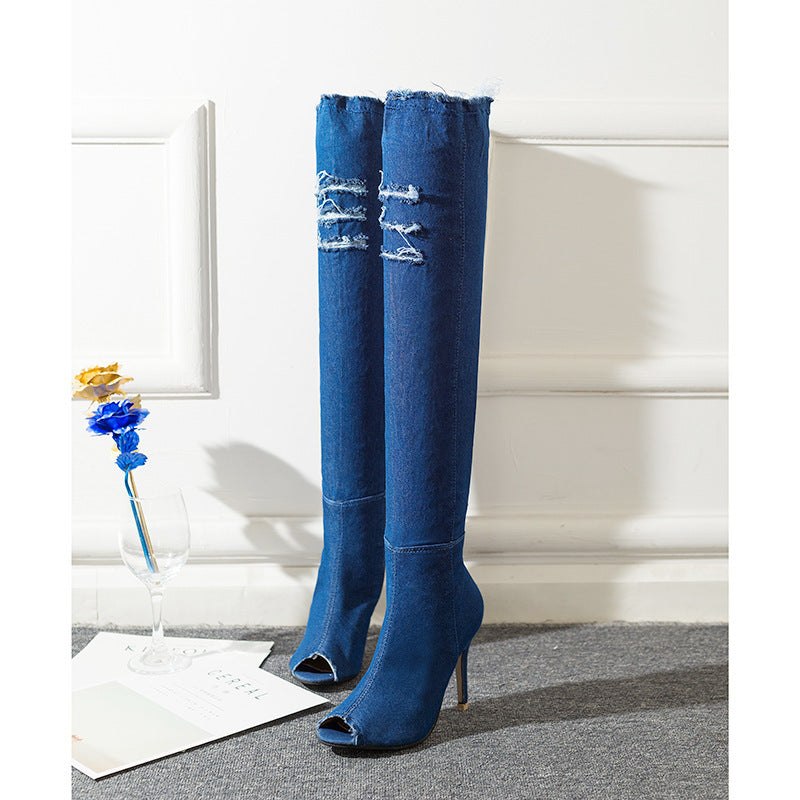 2021 denim high-heeled over-the-knee fish mouth boots Europe and the United States plus size women's shoes spot