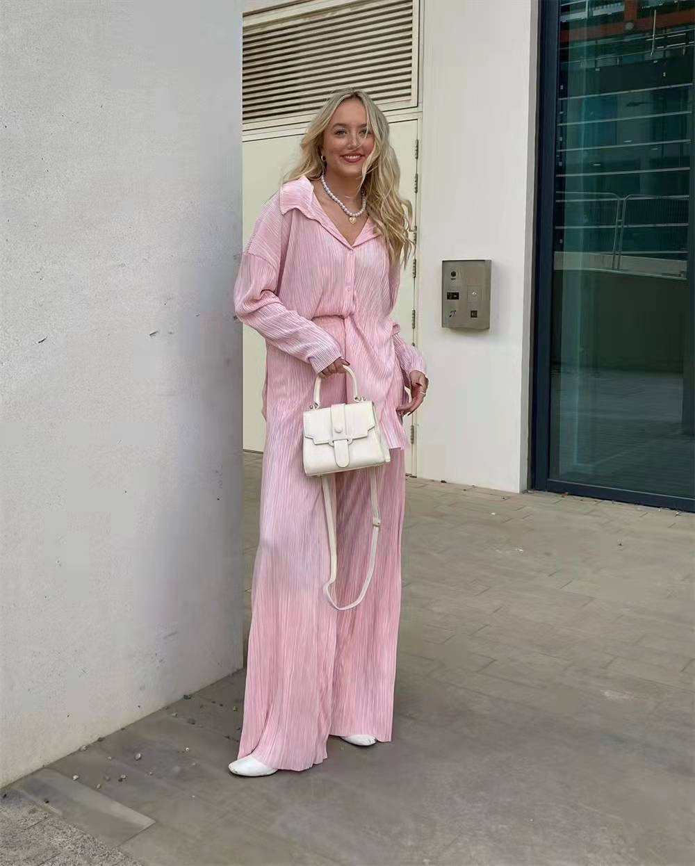 2024 Spring and Autumn Hot Sale European and American Women's Clothing Solid Color Drape Loose Smooth Pleated Casual Two-piece Sets Available Now