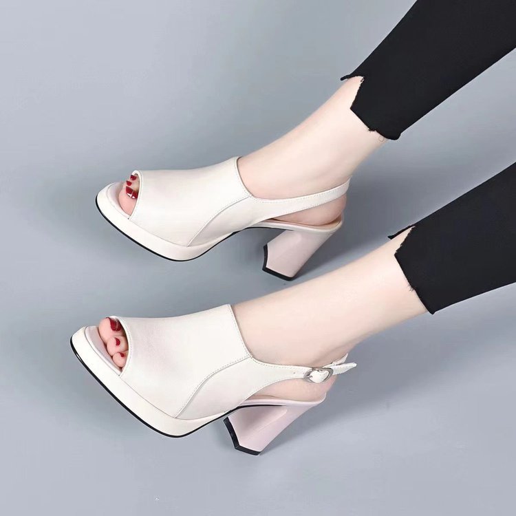 2023 new summer high-heeled sandals for women, genuine leather fish mouth hollow waterproof platform, fashionable and versatile open-toed sandals