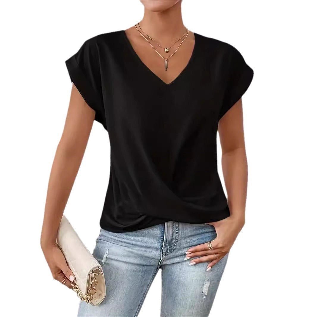 2024 Amazon cross-border hot-selling solid color V-neck T-shirt elegant short-sleeved top spring and summer women's clothing Amazon cross-border