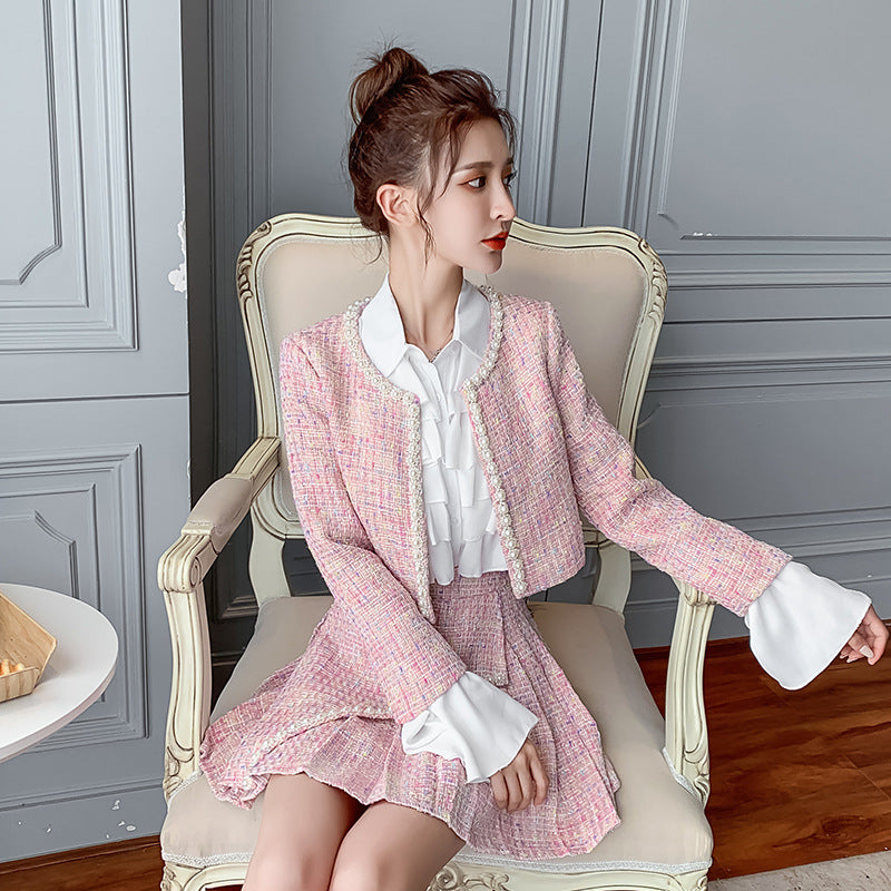 2022 Spring and Autumn New Style tweed coat + pleated high waist skirt + shirt three-piece set