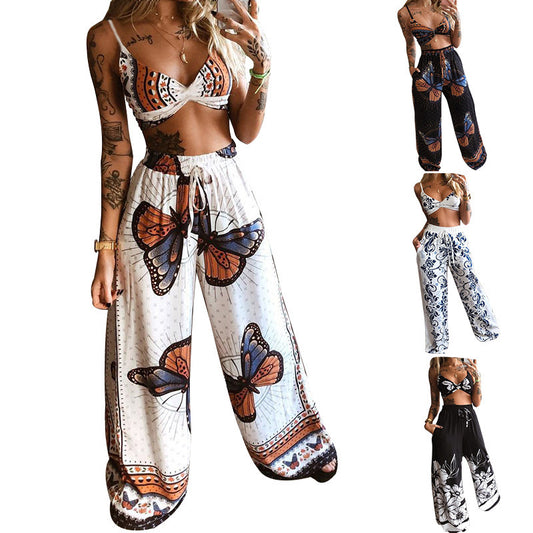 2024 summer new stock cross-border Amazon European and American women's clothing printed sexy tube top loose wide-leg pants two-piece set