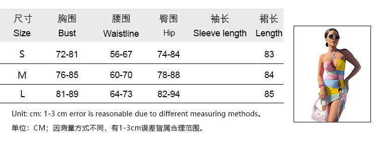 2022 New Summer Double-layer Contrast Color Splicing Halter Drawstring Hollow Tight Dress for Women