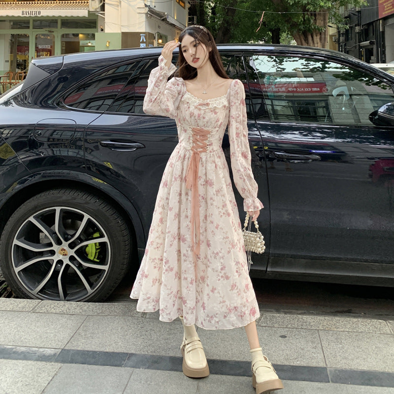 2024 plus size women's spring new French retro sweet floral dress high waist slim chiffon embroidered dress