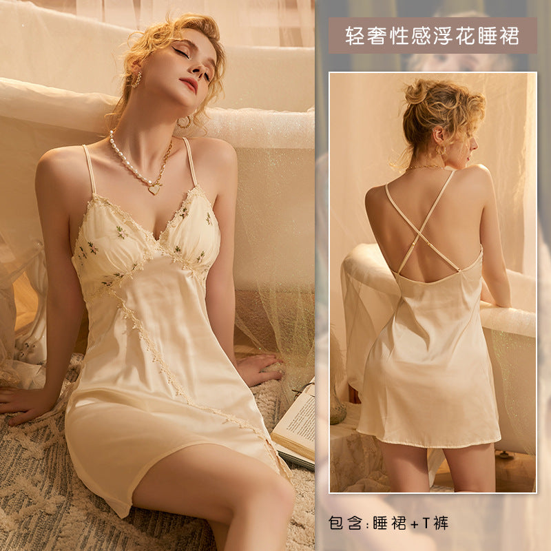 3066 Yiying Sexy Pajamas French Fairy Floral Nightdress with Chest Pads Pure Desire Temptation Home Service Sets