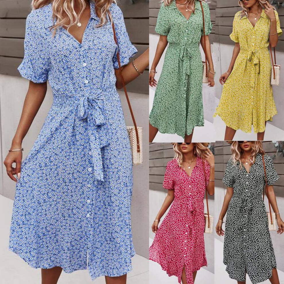 2022 Amazon Independent Station AliExpress Wish Casual Vacation Style Spring and Summer Swing Print Ribbon Dress