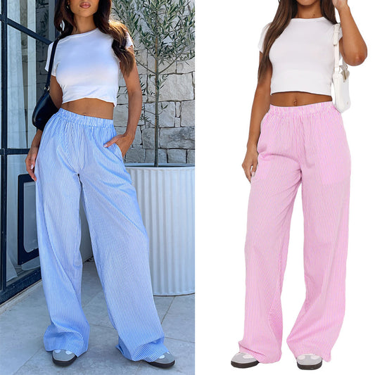 2024 New Amazon Women's Striped Wide-leg Trousers Casual Street INS Fashion Loose High-waisted Trousers