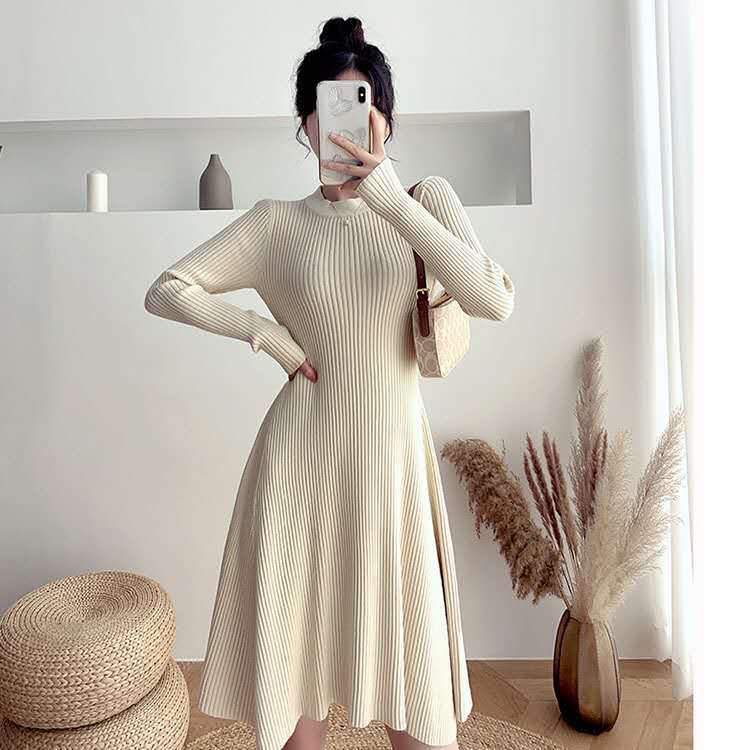 2022 Autumn New A-line Skirt Women's Waist Slimming Knitted Dress Long Skirt Long Sleeves Round Neck Temperament Swing Skirt