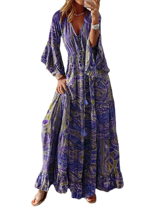 2023 European and American cross-border Bohemian style trumpet sleeve printed V-neck high waist holiday dress floral female long skirt