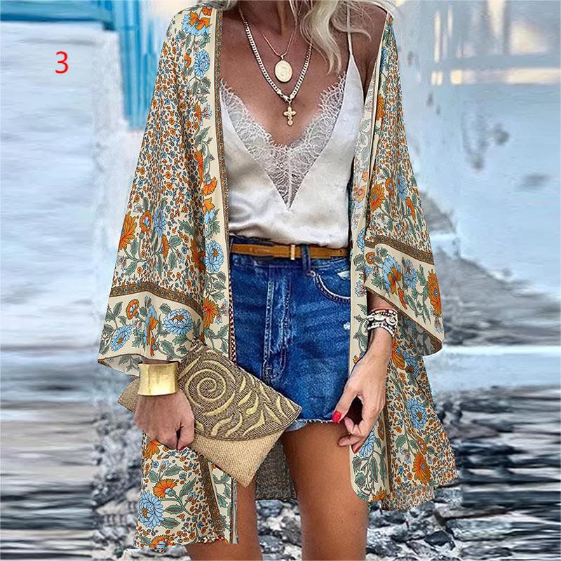 Women's 2022 Europe and America Cross Border Trendy New Casual Fashion Vacation Batwing Long Sleeve Cardigan Printed Top