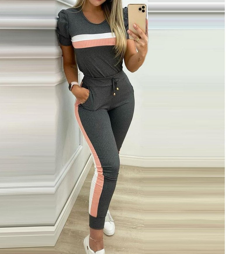 2021 European and American foreign trade e-commerce Amazon women's clothing color matching tight casual short-sleeved suit