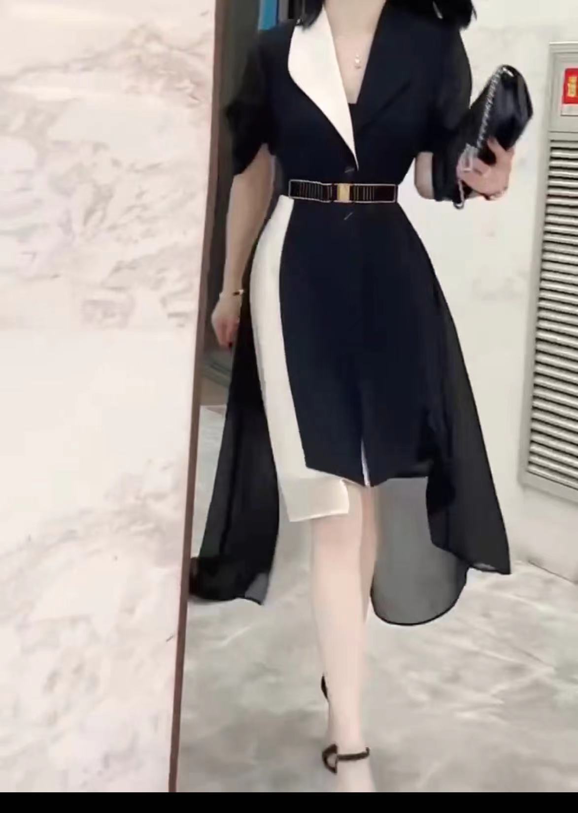 23183 Jieyuxiu temperament dress women 2023 fashion all-match mid-length splicing waist short-sleeved skirt