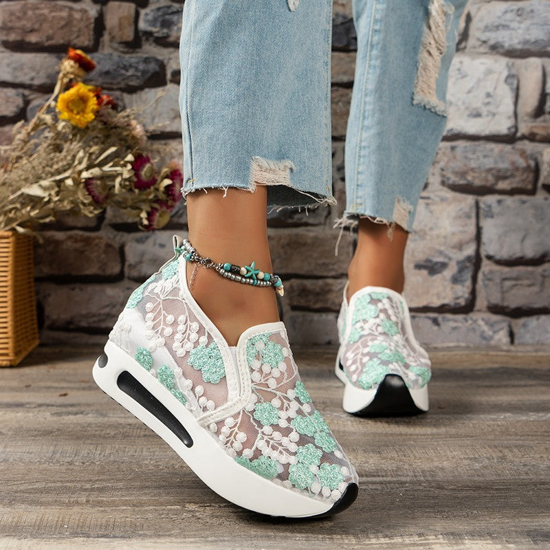 2023 spring and summer new mesh single shoes pointed toe muffin thick bottom casual shoes embroidered small fresh set of feet women's shoes spot