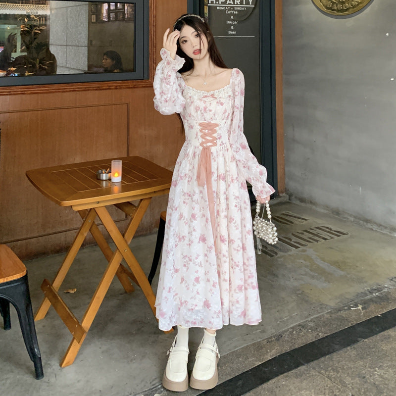 2024 plus size women's spring new French retro sweet floral dress high waist slim chiffon embroidered dress