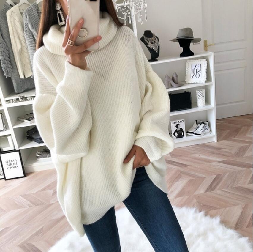 2023 European and American women's sweater Amazon solid color turtleneck sweater pile collar large size loose cross-border sweater women