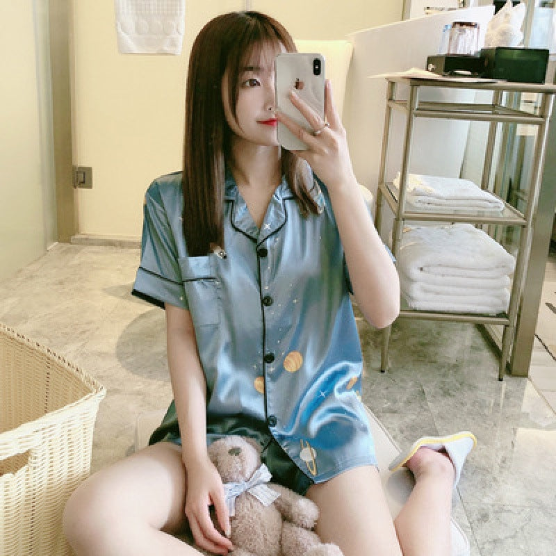 2021 Summer New Pajamas Women Sweet Cute 5050 Cardigan Simulation Silk Lapel Short Sleeve Home Clothes Two-piece Set