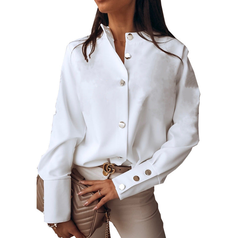 2023 Spring New European and American Women's Clothing Shirt Button Foreign Trade Cross-Border Amazon Solid Color Commute Style round Neck Shirt