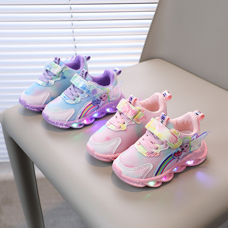 Wholesale girls' shoes with lights 2023 spring and autumn new mesh breathable children's sports shoes all-match Aisha children's shoes