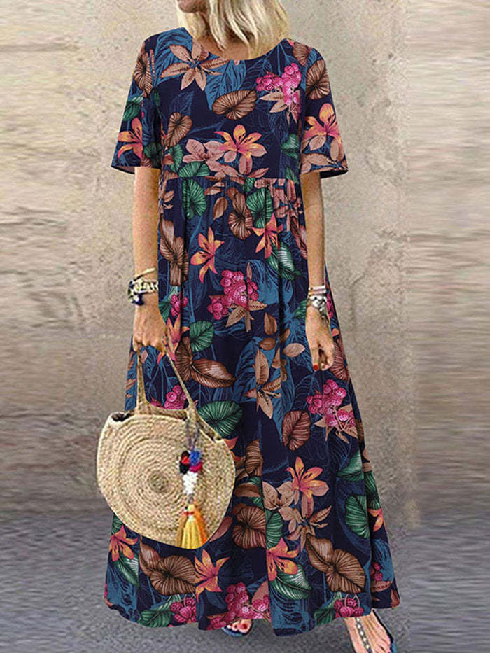 2022 European and American cross-border new long skirt Amazon round neck casual women's retro floral print loose short-sleeved