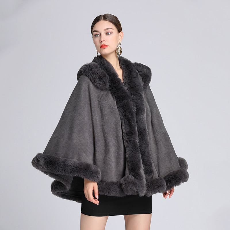 692#European and American autumn and winter new imitation rex rabbit fur collar hooded shawl cloak large size loose cloak coat female