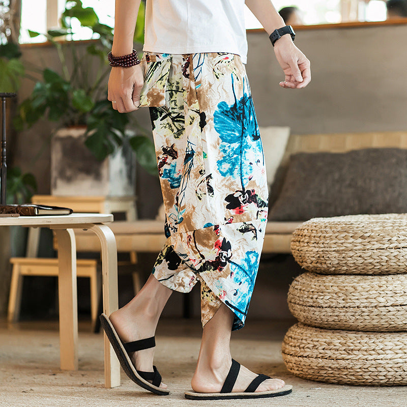 2023 summer Chinese style cotton and linen cropped pants men's ethnic style floral harem pants baggy pants large size beach pants