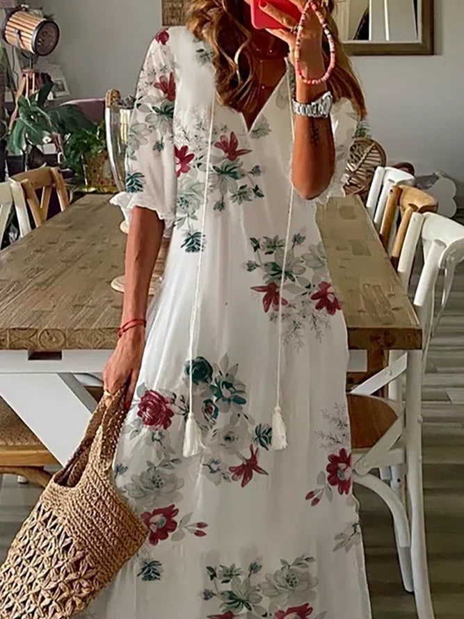 2022 Amazon Independent Station European and American Cross-border Women's Casual Floral V-neck Short-sleeved Woven Printed Dress