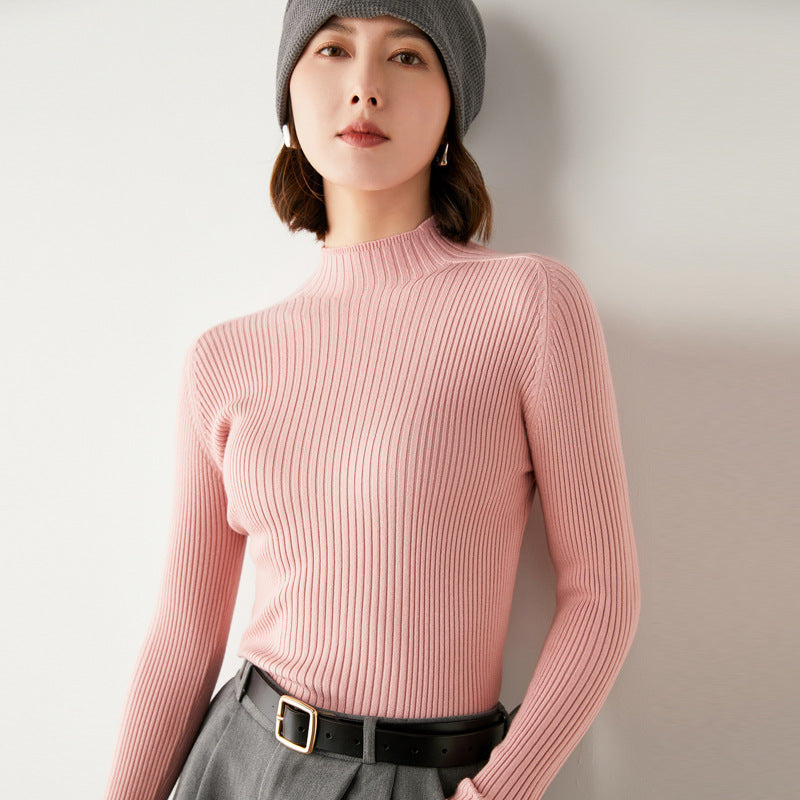 2024 autumn and winter knitted sweater half turtleneck drawstring slim wool bottoming sweater women's foreign trade one piece dropshipping