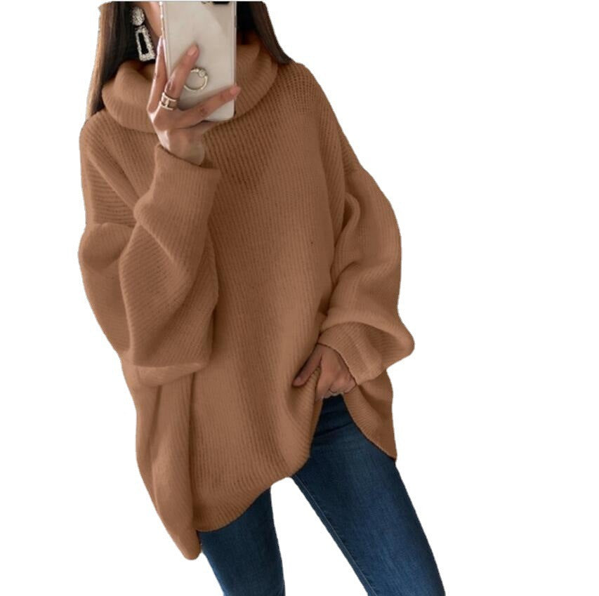 2023 European and American women's sweater Amazon solid color turtleneck sweater pile collar large size loose cross-border sweater women