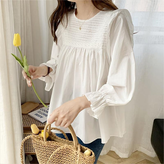 2023 Spring New Korean Literary Loose Versatile Babydoll Top Women's Pleated White Shirt Long Sleeve Round Neck