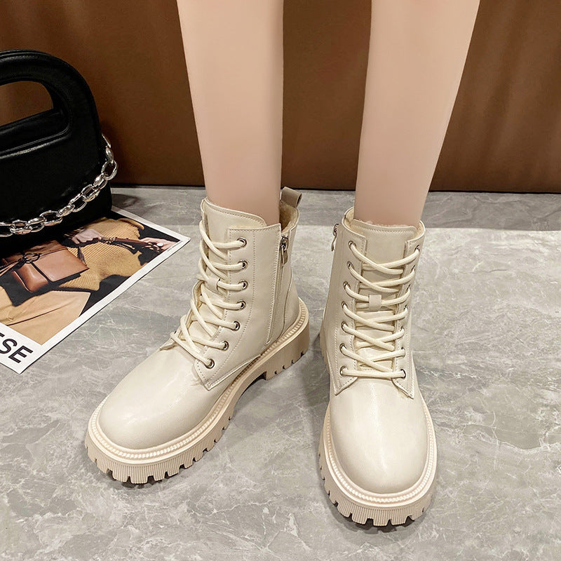 2023 Winter New Martin Boots Women's Round Toe Solid Color Fashionable British Style Retro Casual Thick Sole Plus Velvet Women's Boots