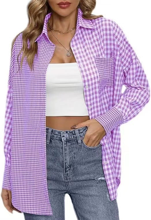 2023 Amazon women's spring and summer new cross-border European and American foreign trade ladies' fashion loose casual plaid shirt