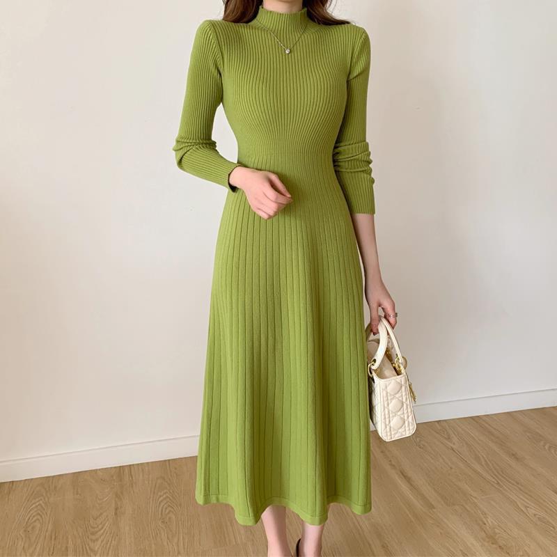 2023 new autumn and winter mid-length over-the-knee sweater skirt half turtleneck inner bottoming a-line knitted dress for women