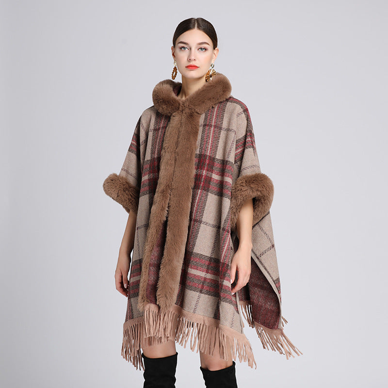 657#European and American autumn and winter new imitation rex rabbit fur collar hooded shawl cape ladies woolen coat large size cardigan