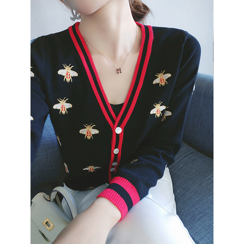 2022 autumn women's clothing new knitted sweater heavy industry embroidery V-neck sweater cardigan jacket temperament outerwear top