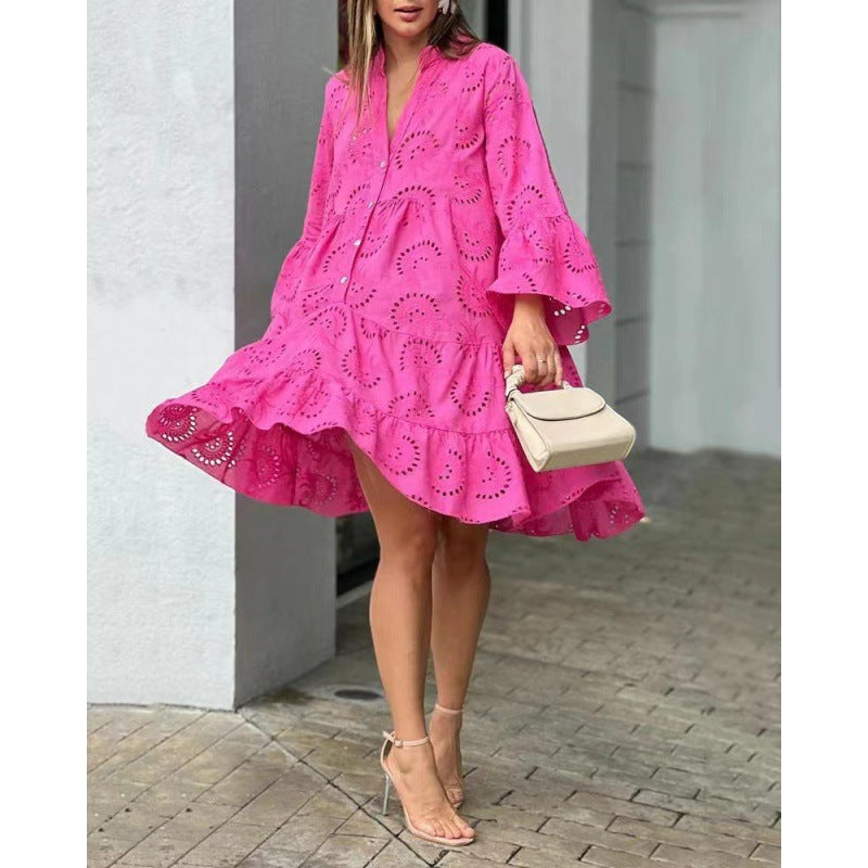 2023 European and American cross-border spring and summer Amazon solid color V-neck loose embroidered hollow lace flower sexy dress