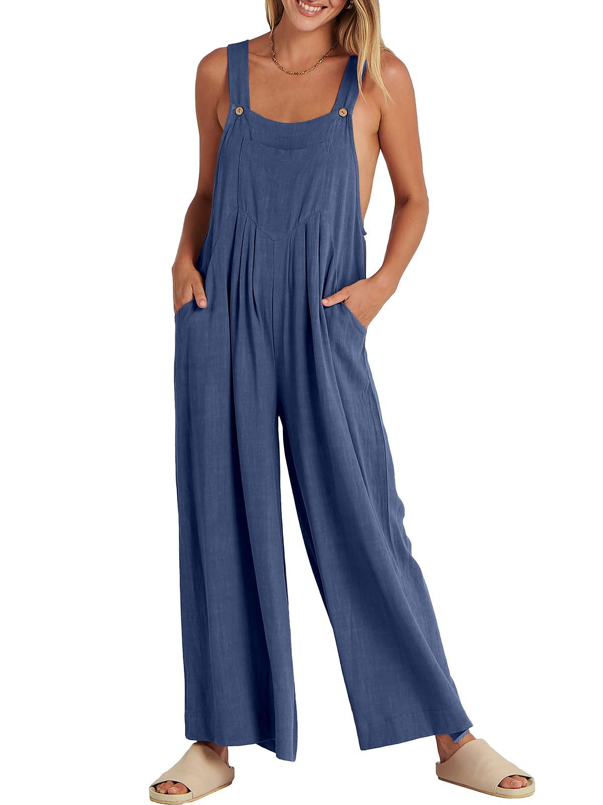 2023 Amazon hot style TEMU independent station European and American women's clothing solid color loose casual cotton and linen suspenders jumpsuit