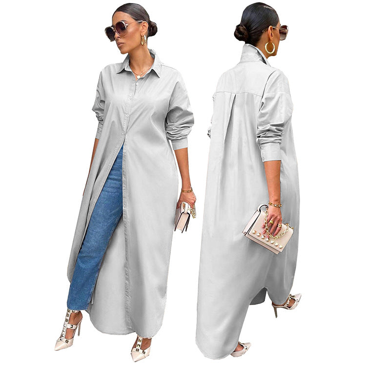 10077 European and American women's autumn and winter new fashion casual solid color gown coat