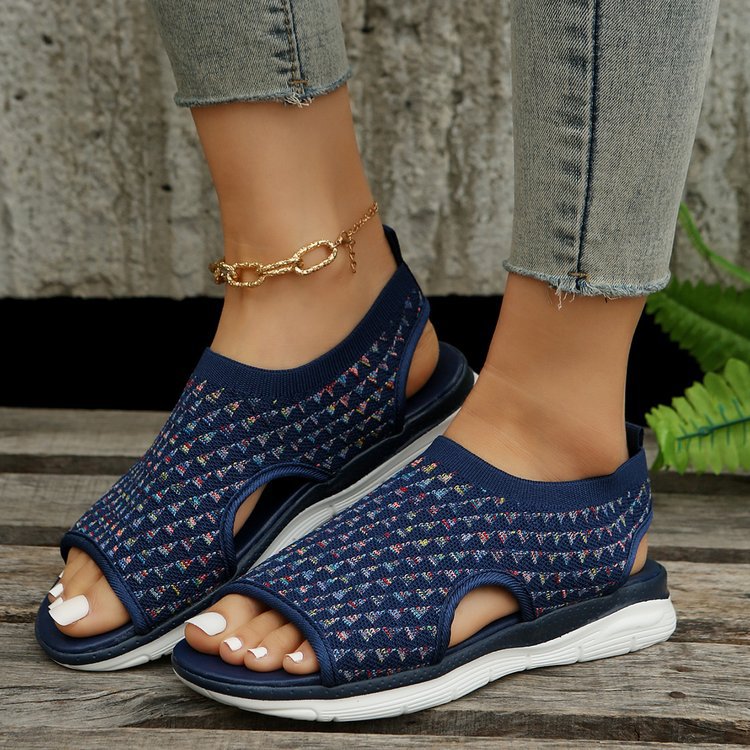 2023 new foreign trade large size flying woven thick bottom casual sandals European and American cross-border fish mouth breathable summer sports sandals