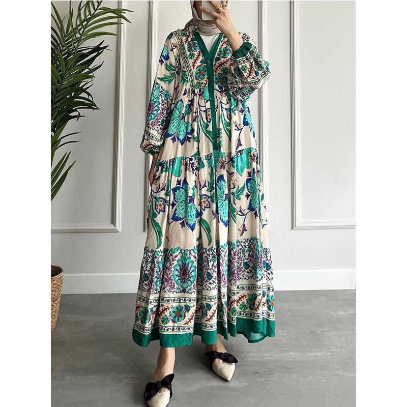 2023 new color contrast dress cross-border dress women's long-sleeved stand-up collar printed large swing skirt national long skirt