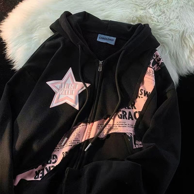 [24-hour delivery] Escape from the Earth American street style star letter print splicing cardigan sweatshirt women's trendy brand