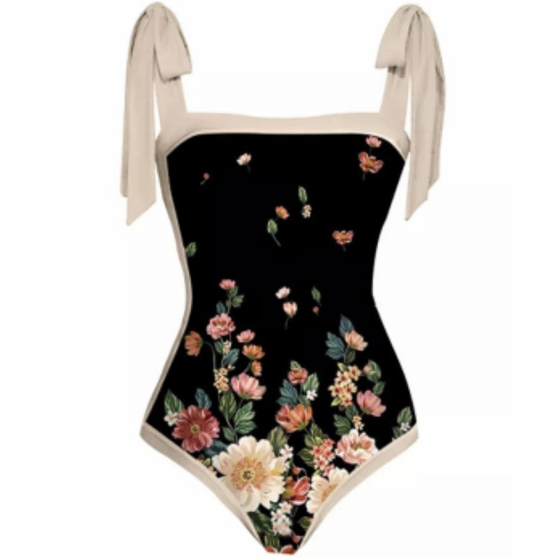 2023 European and American one-piece conservative belly-covering beach hot spring swimsuit three-piece French retro one-piece bikini