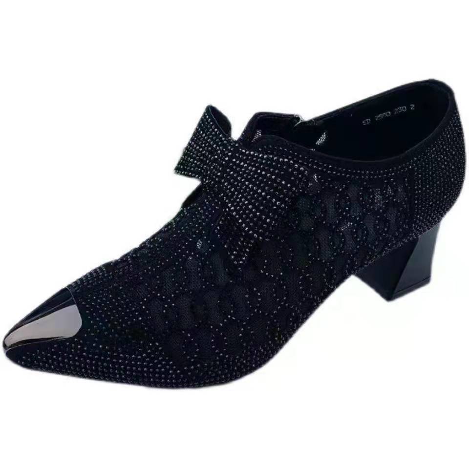 2023 Spring Rhinestone Thick High Heel Pointed Toe Black Bow European and American Fashion Mesh Hollow Women's Fashion Shoes