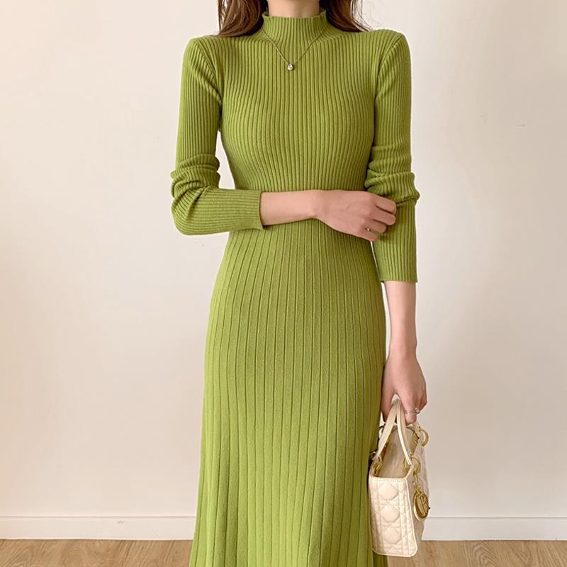 2023 new autumn and winter mid-length over-the-knee sweater skirt half turtleneck inner bottoming a-line knitted dress for women