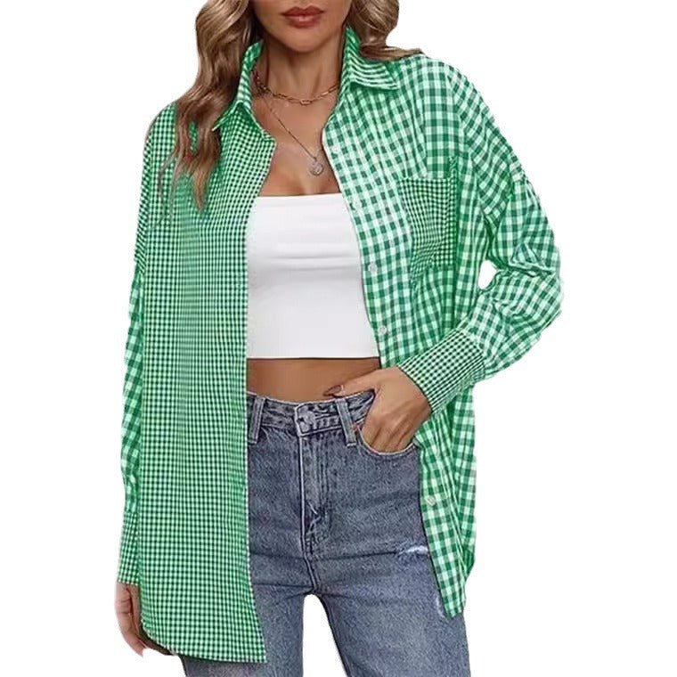 2023 Amazon women's spring and summer new cross-border European and American foreign trade ladies' fashion loose casual plaid shirt