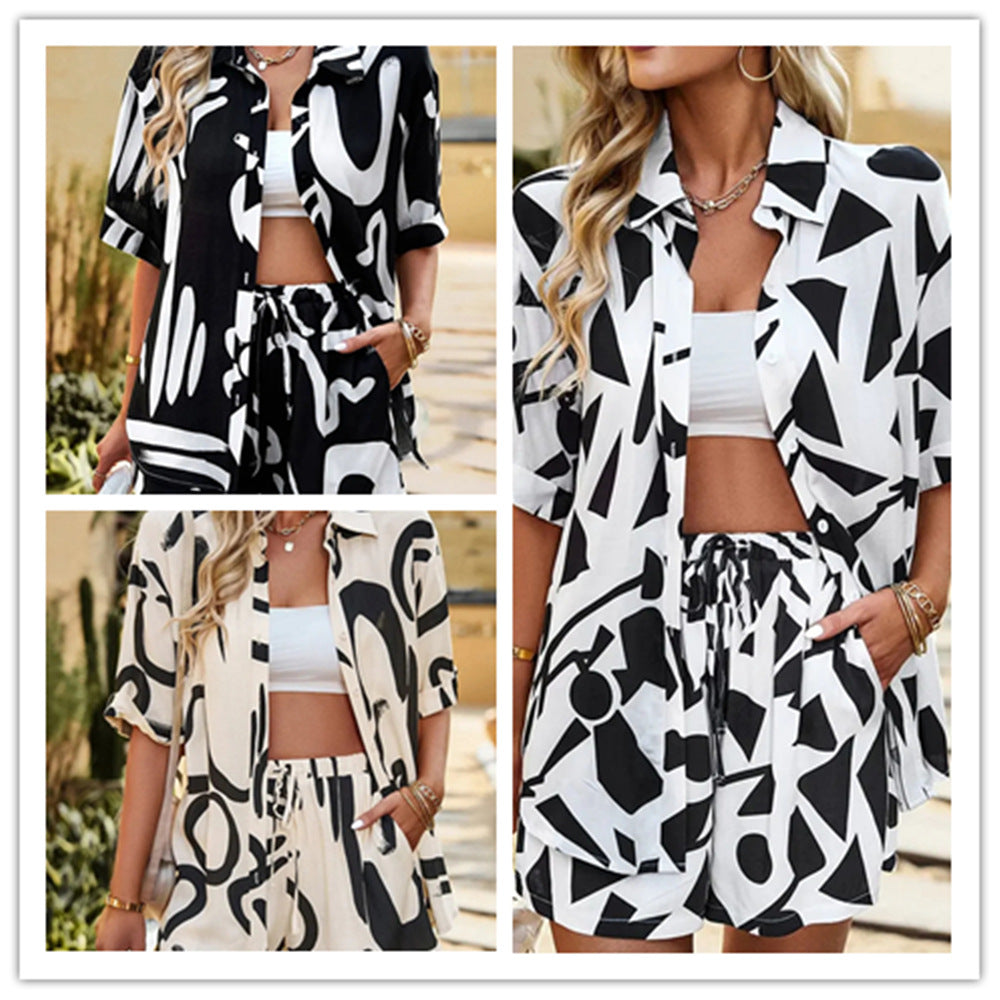 2023 European and American cross-border Amazon summer fashion printed suit women's loose casual shirt shorts two-piece set