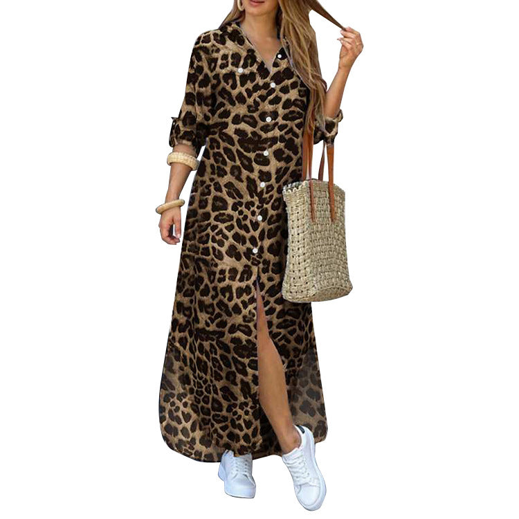 AliExpress Cross-border Foreign Trade 2021 Trendy Leopard Print European and American Women's Fashion Skirts Split Long Shirt Dresses